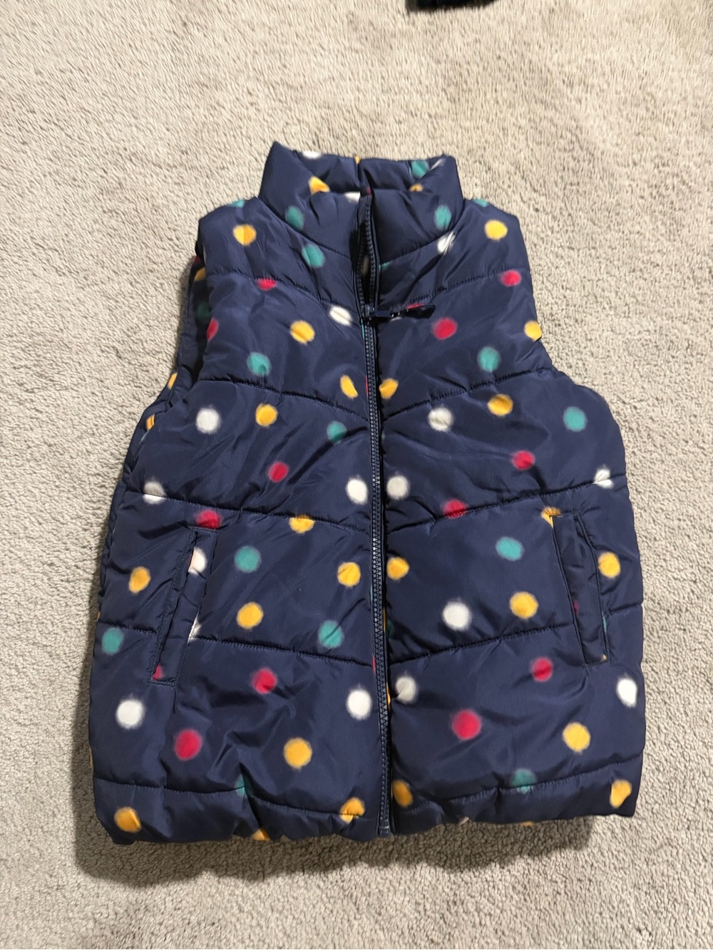 MOTHER Navy Polka Dot Puffer Vest with Multicolor Dots